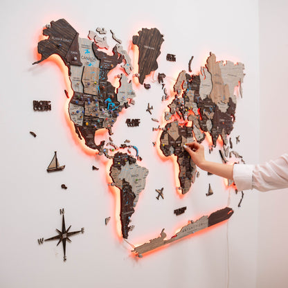 3D LED / LUMINOUS Wooden World Map 3.0 Cappuccino