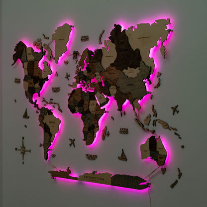 3D LED Wooden World Map 3.0 Smokey
