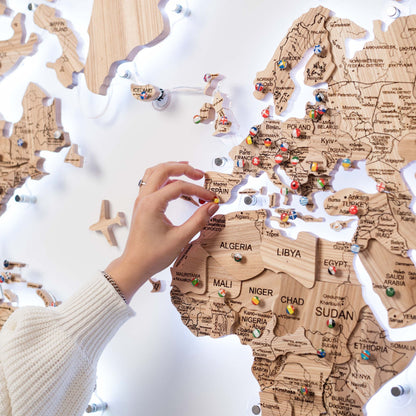 3D Solid Wooden World Map - Ash