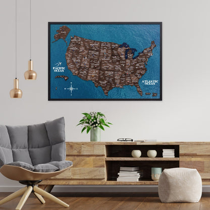 3D Wooden USA Map on Board Dark Walnut