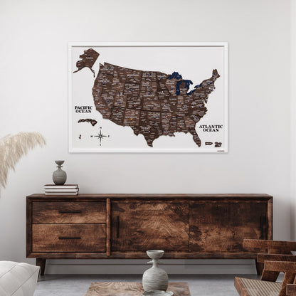 3D Wooden USA Map on Board Dark Walnut