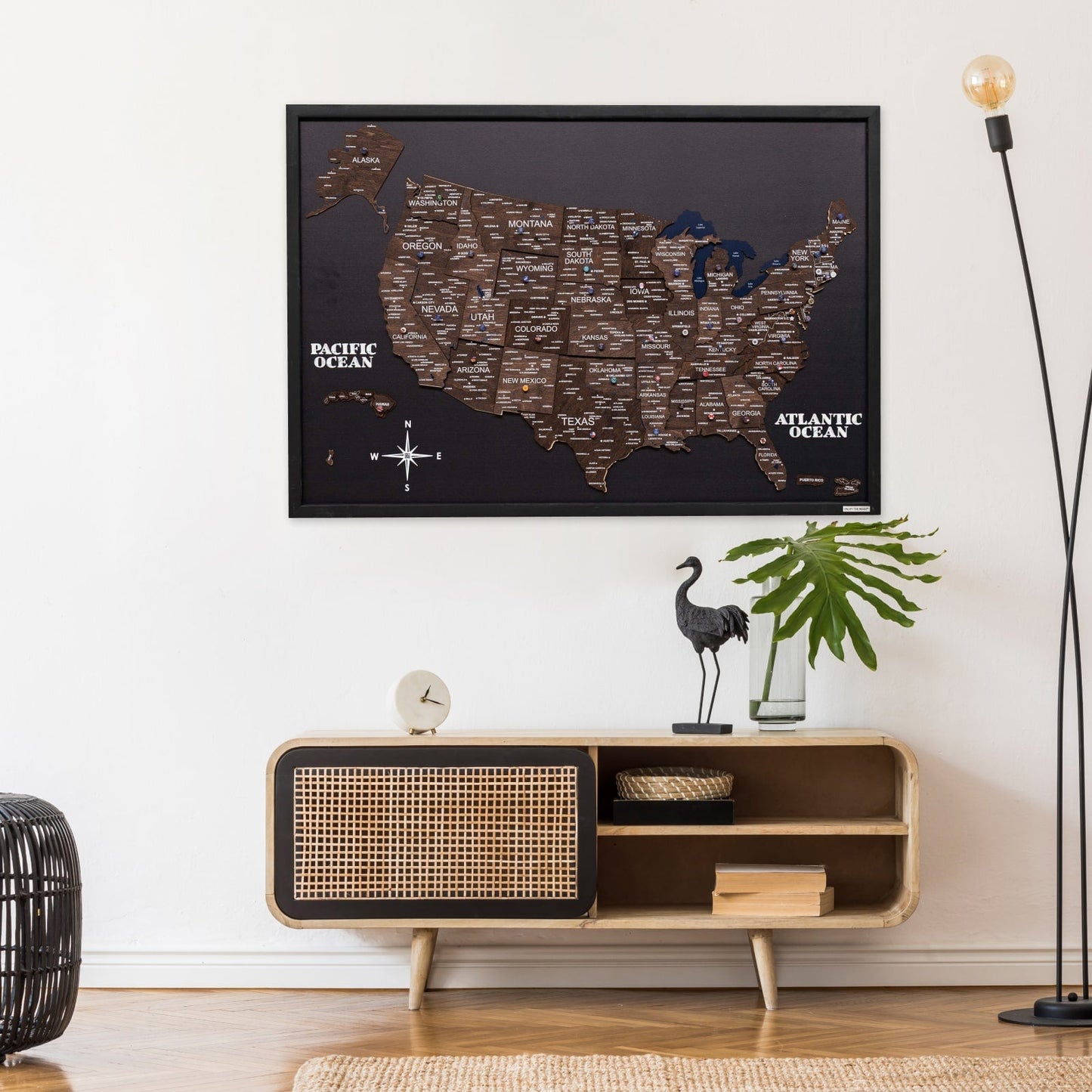 3D Wooden USA Map on Board Dark Walnut