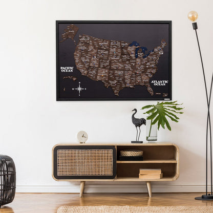 3D Wooden USA Map on Board Dark Walnut