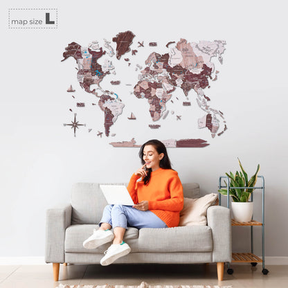 3D Wooden World Map Cappuccino
