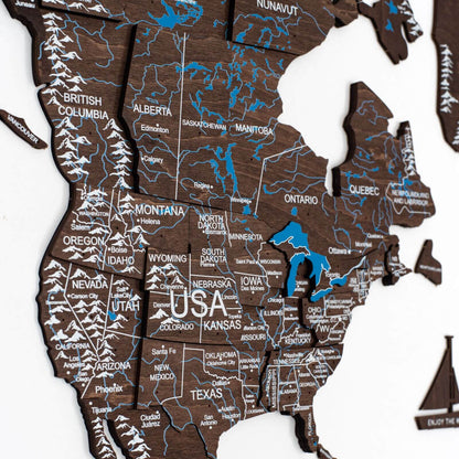 3D Wooden World Map Dark Walnut