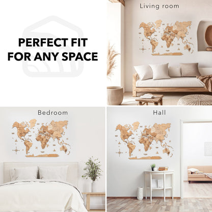 3D Wooden World Map Gold
