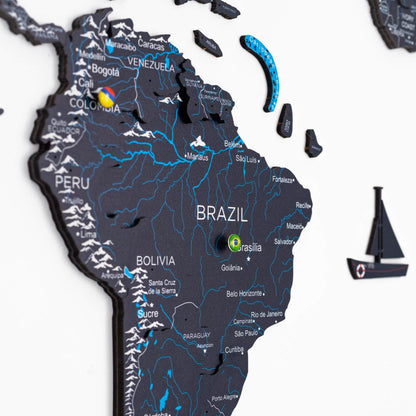 3D Wooden World Map Midnight