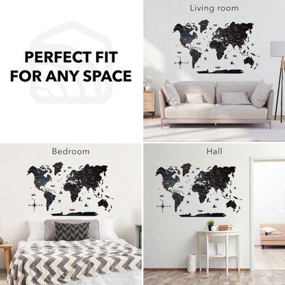 3D Wooden World Map Midnight