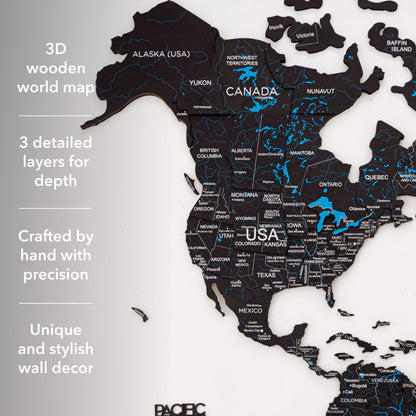 3D Wooden World Map Midnight