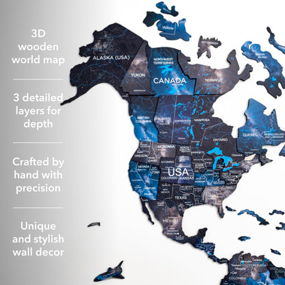 3D Luminous Colored Wooden World Map Space