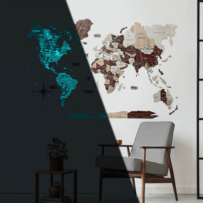 3D Luminous Colored Wooden World Map Cappuccino