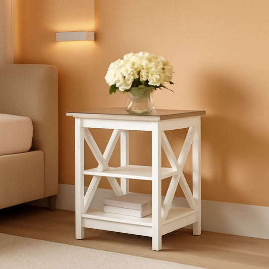 Rustic Ivory End Table Set Of 2 With Shelves 23.6 Inch