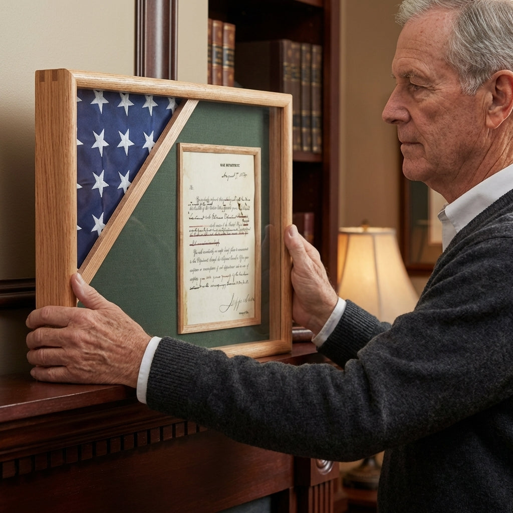 Shadow box for 3ft x 5ft flag with 8.5 x 11 Document holder, cherry Finish