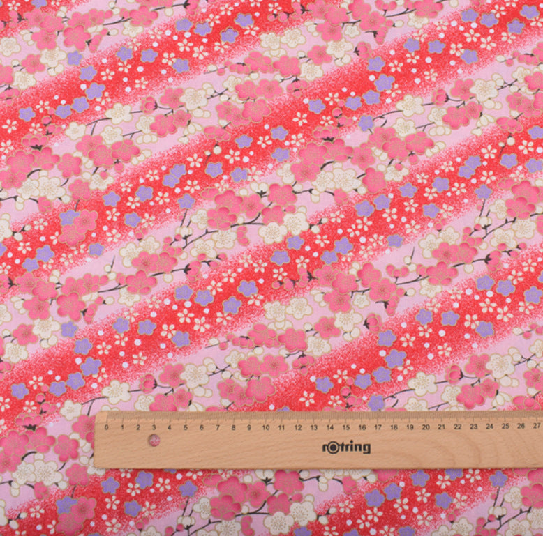 Japanese Floral Cotton Fabric, Handmade Wind-Stamped