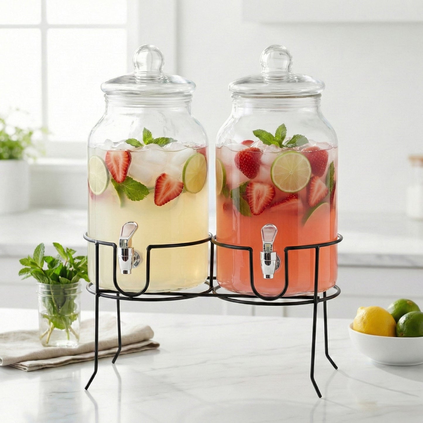 Rustic Home Beverage Dispenser Set of 2 With Black Metal Stand 1 Gal