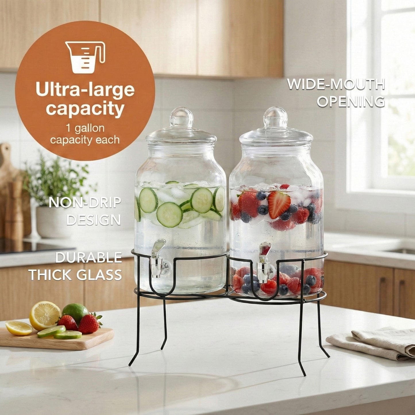 Rustic Home Beverage Dispenser Set of 2 With Black Metal Stand 1 Gal
