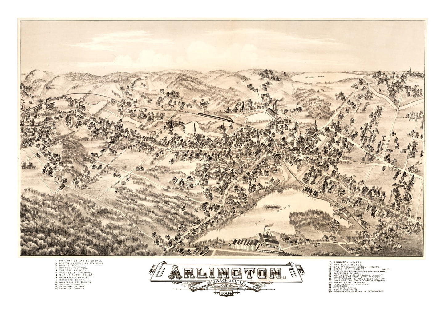 Vintage Map of Arlington, Massachusetts 1884