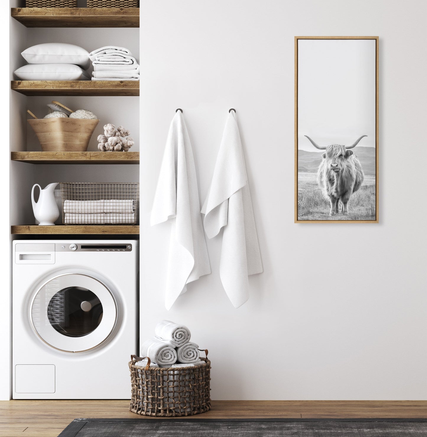 Sylvie Highland Cow Mountain Landscape Black and White Framed Canvas by The Creative Bunch Studio