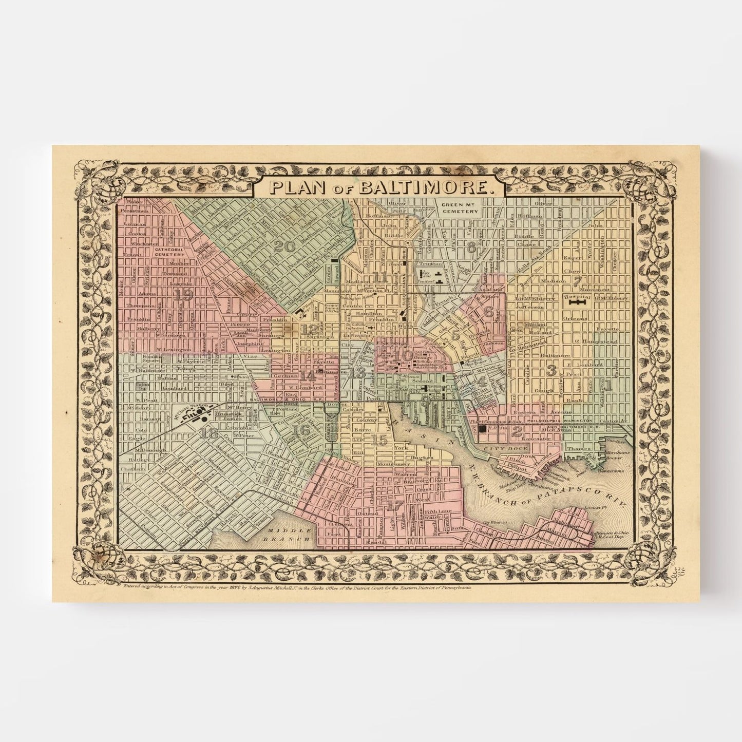 Vintage Map of Baltimore, Maryland 1870