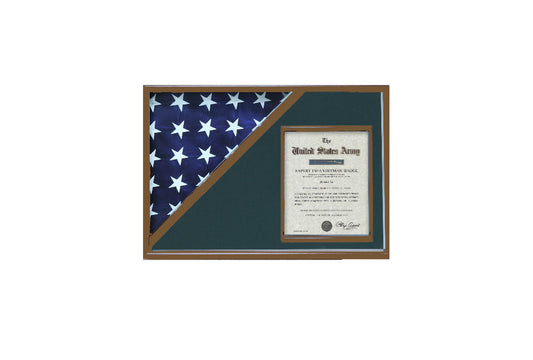 Shadow box for 5' x 9.5' flag with 8.5 x 11 Document holder, Walnut Finish