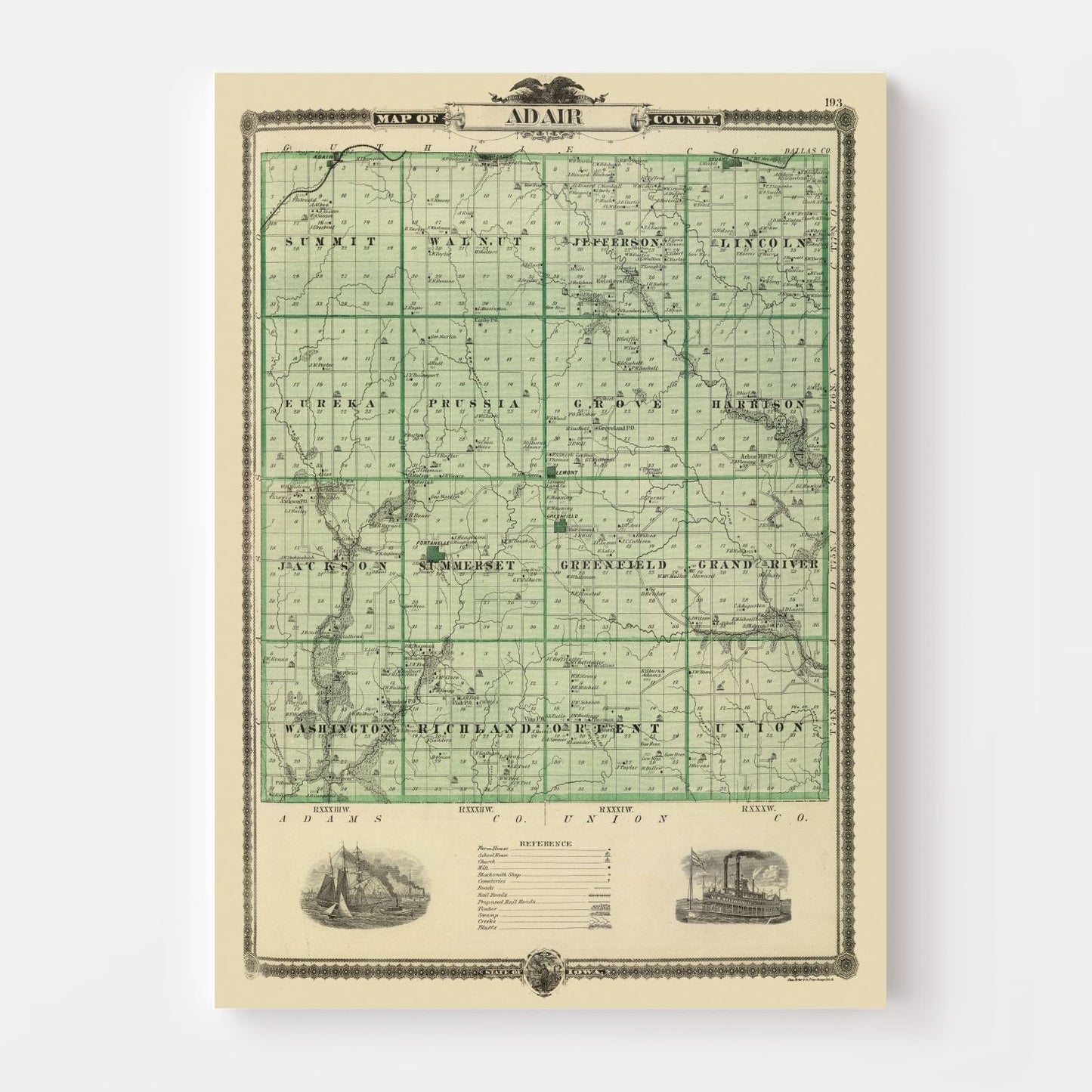 Vintage Map of Adair County, Iowa 1875