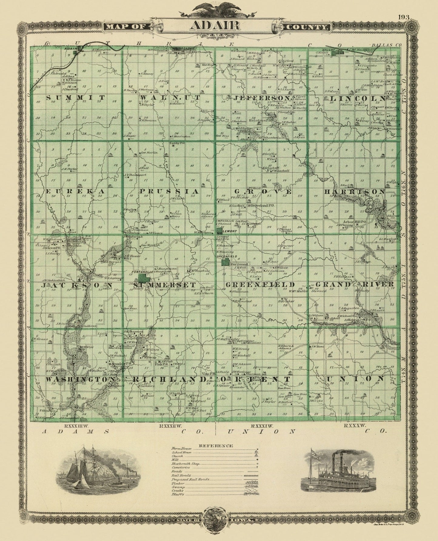 Vintage Map of Adair County, Iowa 1875