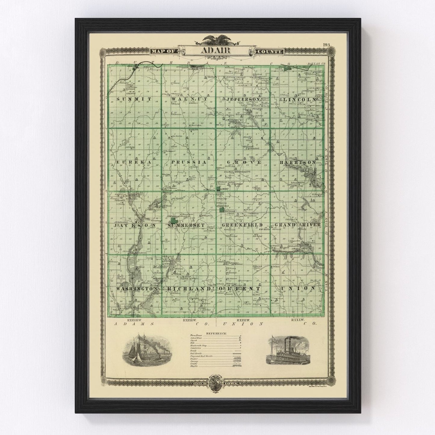 Vintage Map of Adair County, Iowa 1875