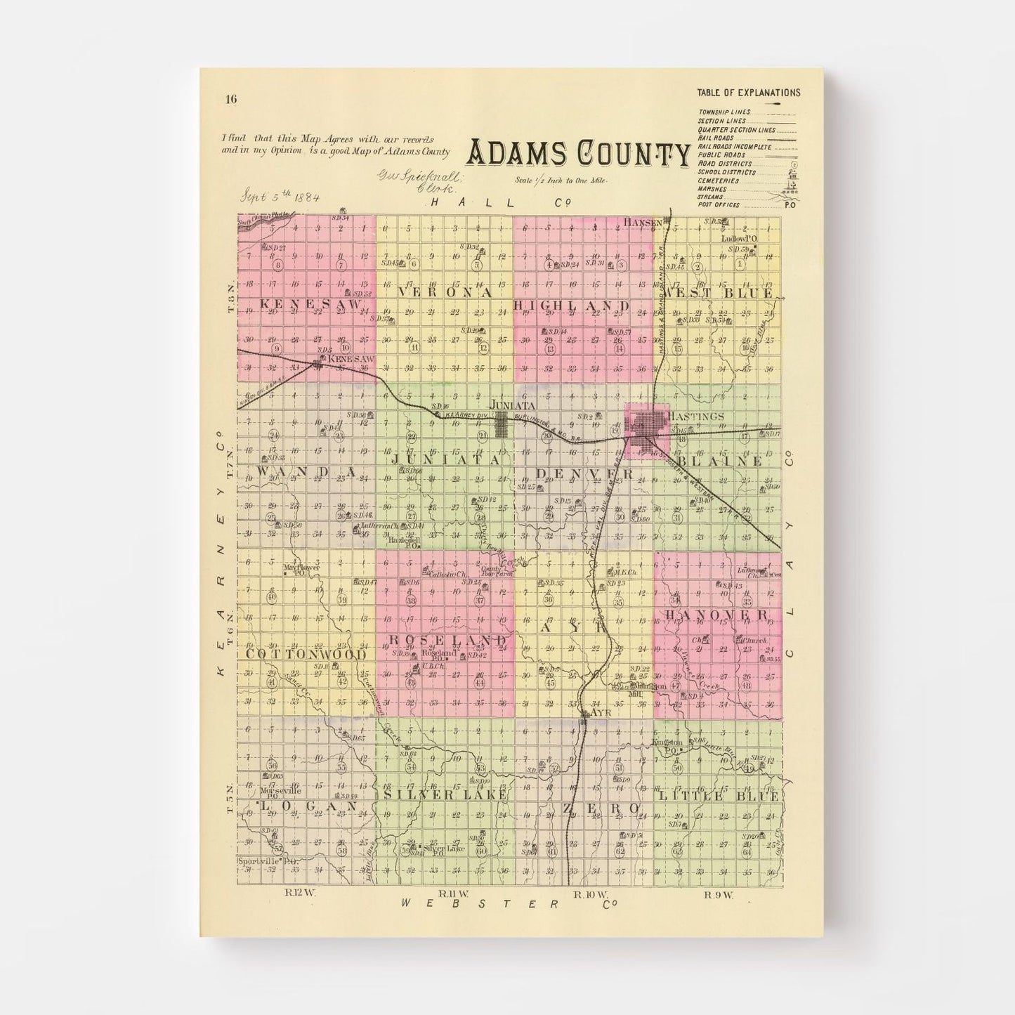 Vintage Map of Adams County, Nebraska 1885