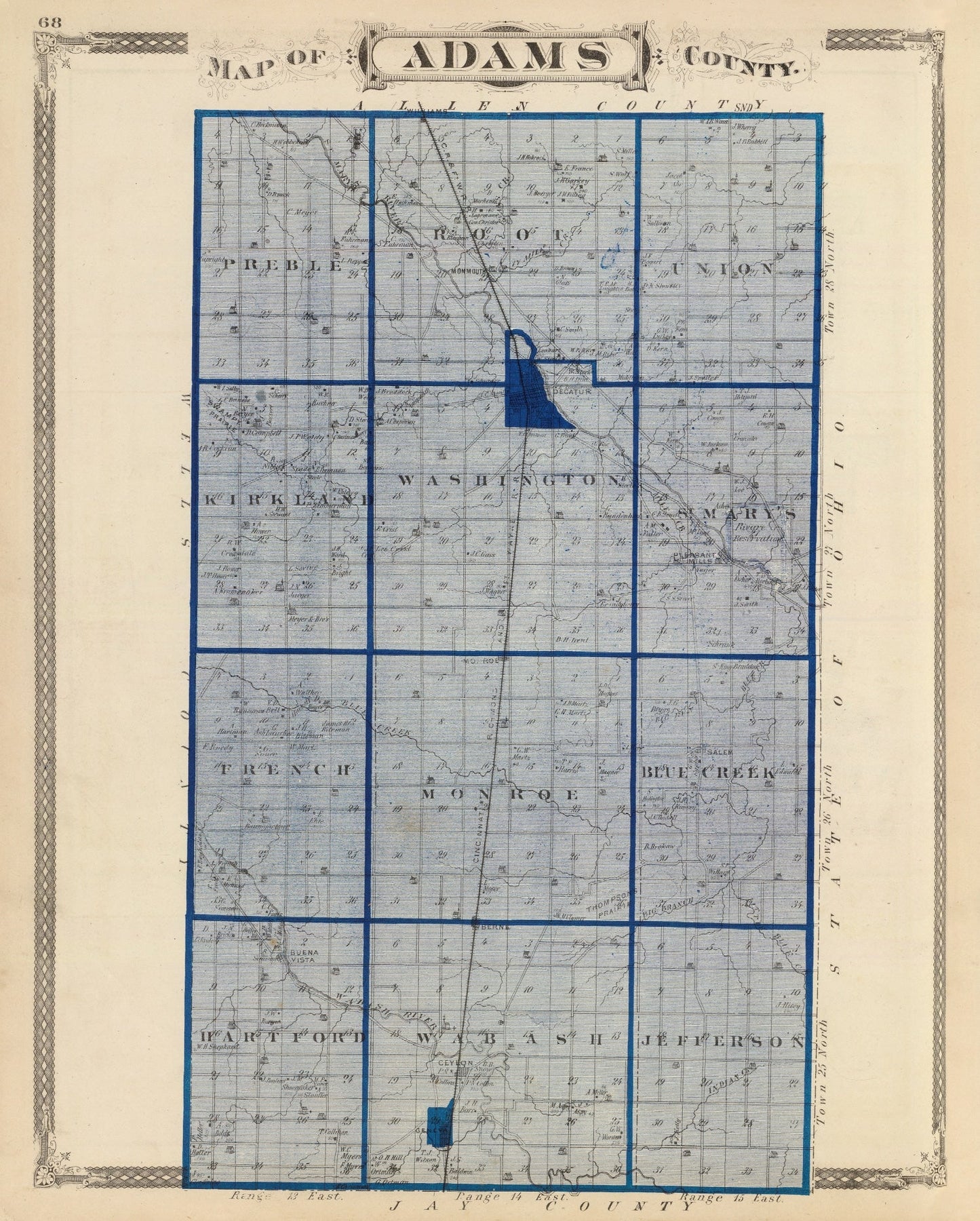 Vintage Map of Adams County, Indiana 1876