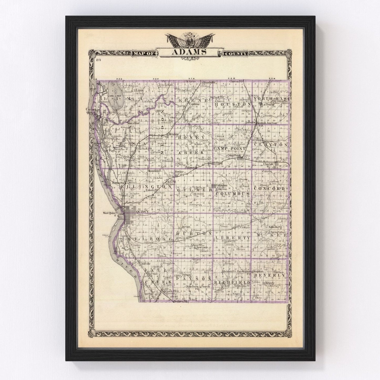 Vintage Map of Adams County, Illinois 1876