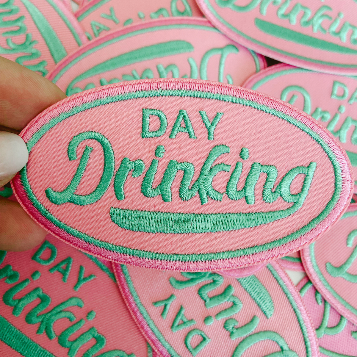 3" Day Drinking in Pink and Teal - Embroidered Hat Patch