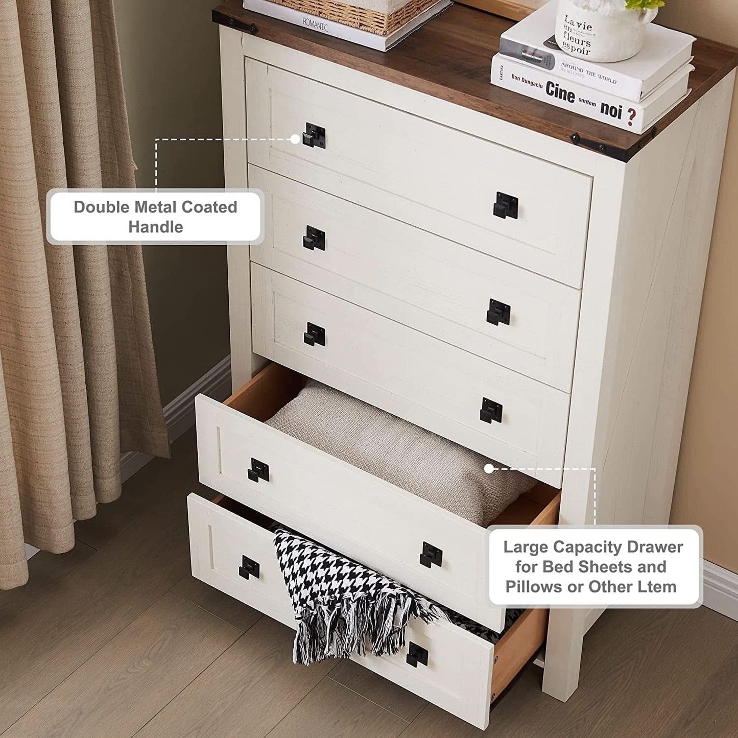 Antique White Rustic 5 Drawer Dresser For Bedroom Storage