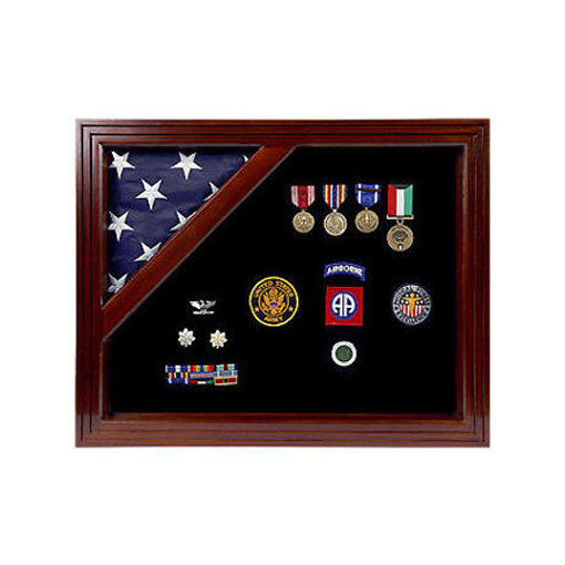 Military Award Shadow Box with Display Case for 3 x 5 feet Flag Black backing cherry wood flag display case.