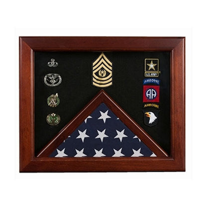 Military Flag medal display case, Mahogany wood for 3x5 flag available in blue or black.