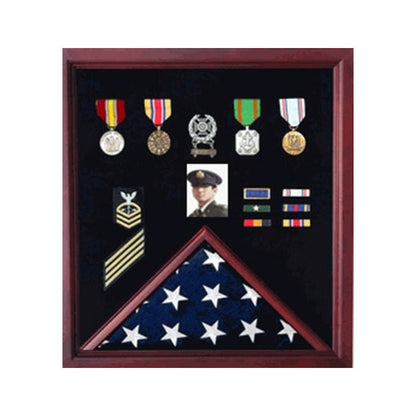 Flag Display Case Combination For Medals and Photos - Cherry Material.