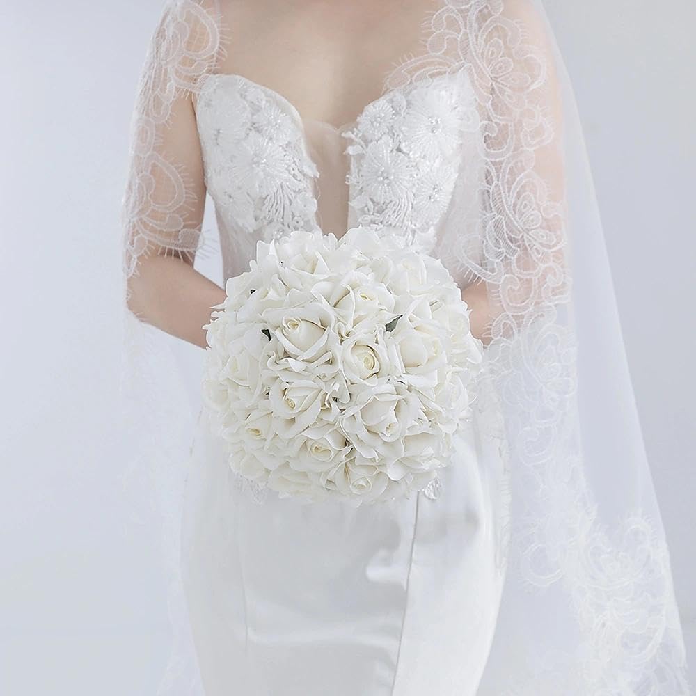 10 Inch Wedding Bouquets for Bride, Morandi Ivory Cream White Real Touch Rose Bridal Bouquet, Artificial Flower Bouquet for Wedding Ceremony, Prom, Bridal Shower