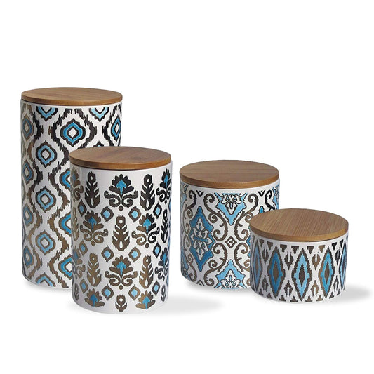 Set of 4 Blue Ceramic Canister Set with Lids