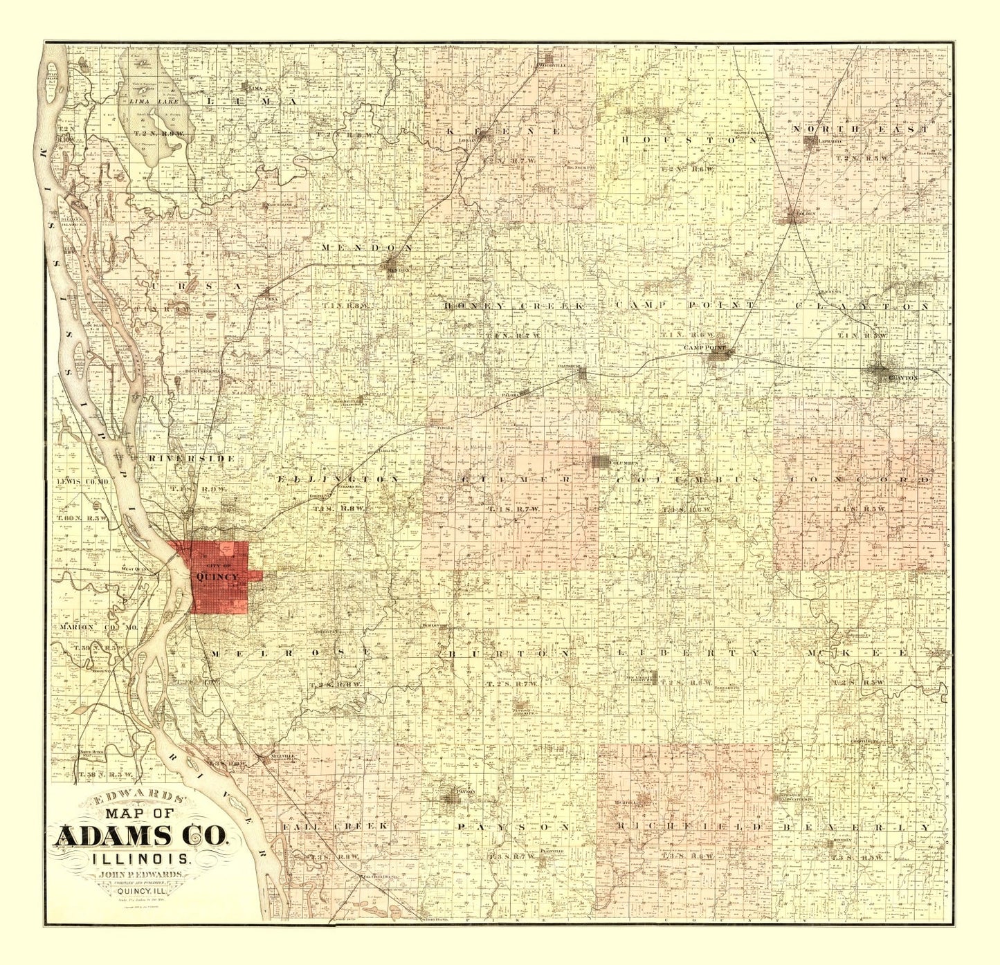 Vintage Map of Adams County, Illinois 1889