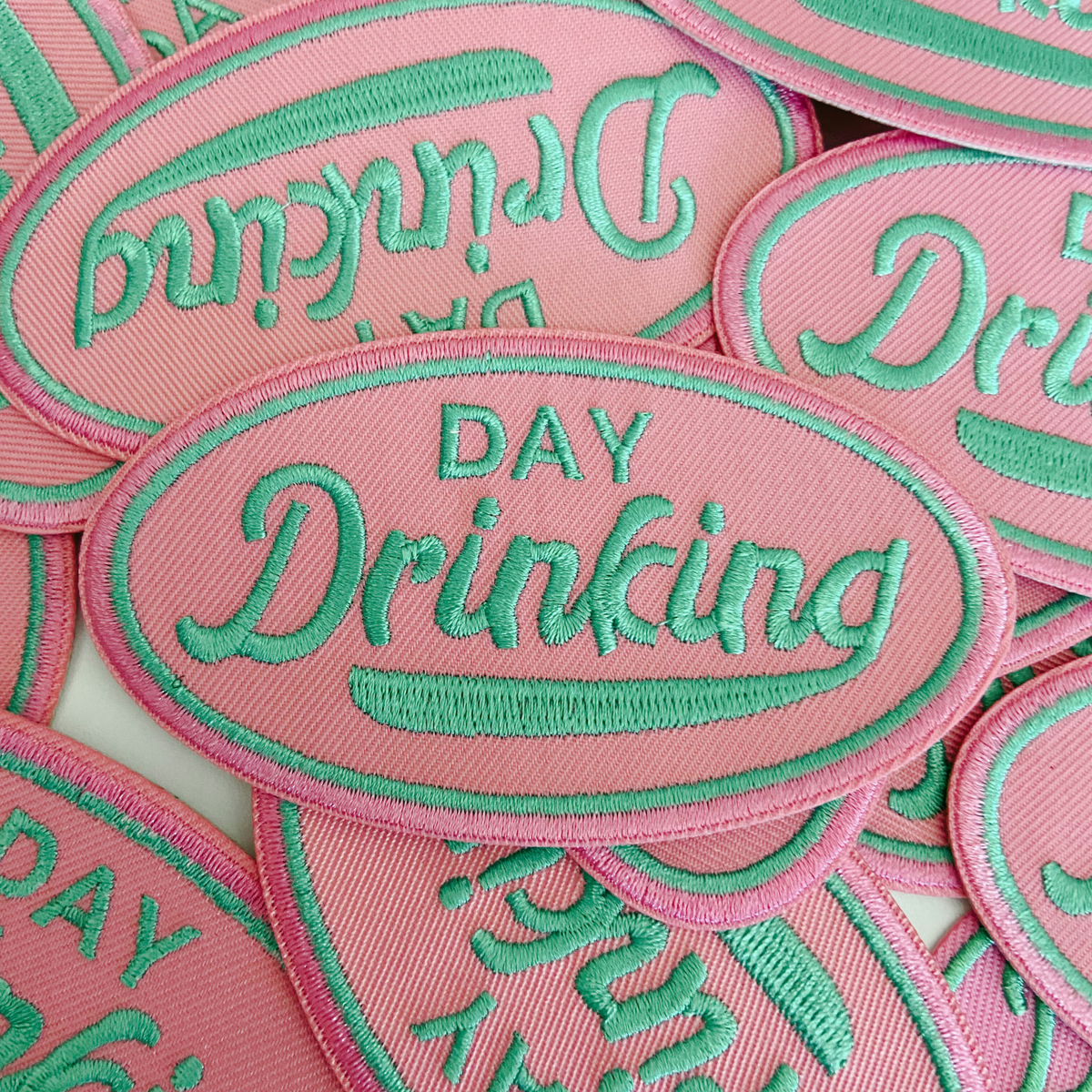 3" Day Drinking in Pink and Teal - Embroidered Hat Patch