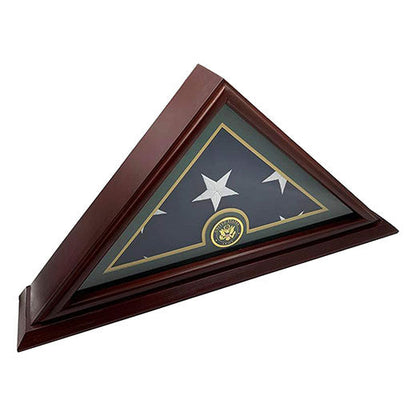 Flags Connections - 5x9 Burial/Funeral/Veteran Flag Elegant Display Case with Base, Solid Wood, Mahogany Finish (Army-Marine-Navy-Air Force).