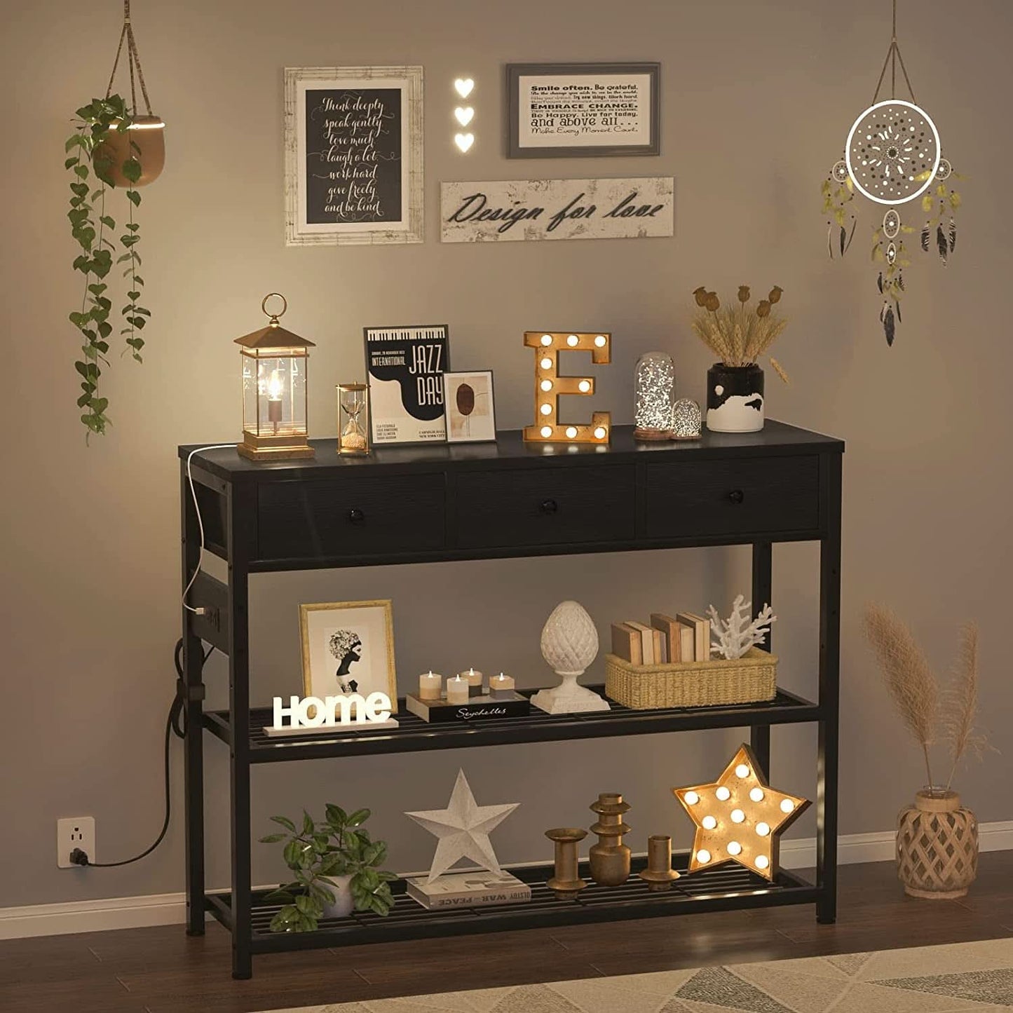 Black Console Table With USB Ports And Outlets For Living Room