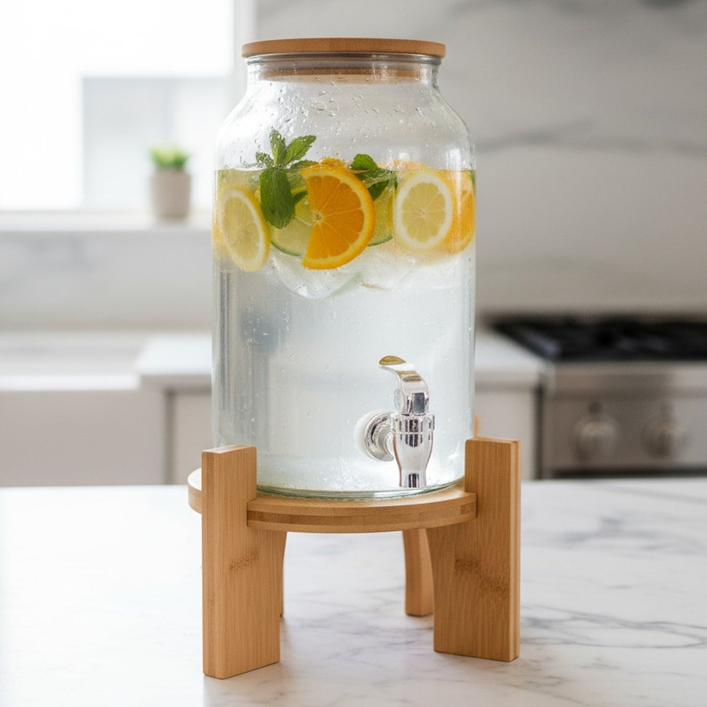 Delray Glass Beverage Dispenser with Bamboo Lid & Stand (4L / 1 Gal)