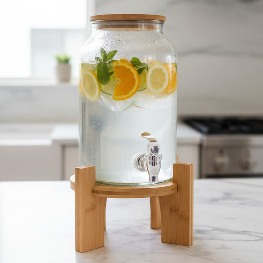 Delray Glass Beverage Dispenser with Bamboo Lid & Stand (4L / 1 Gal)
