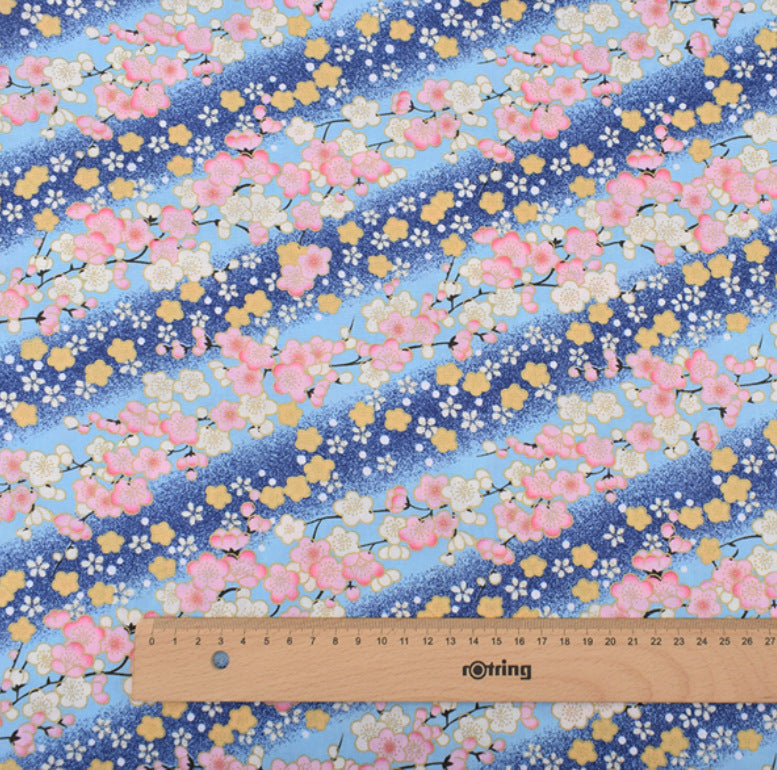 Japanese Floral Cotton Fabric, Handmade Wind-Stamped