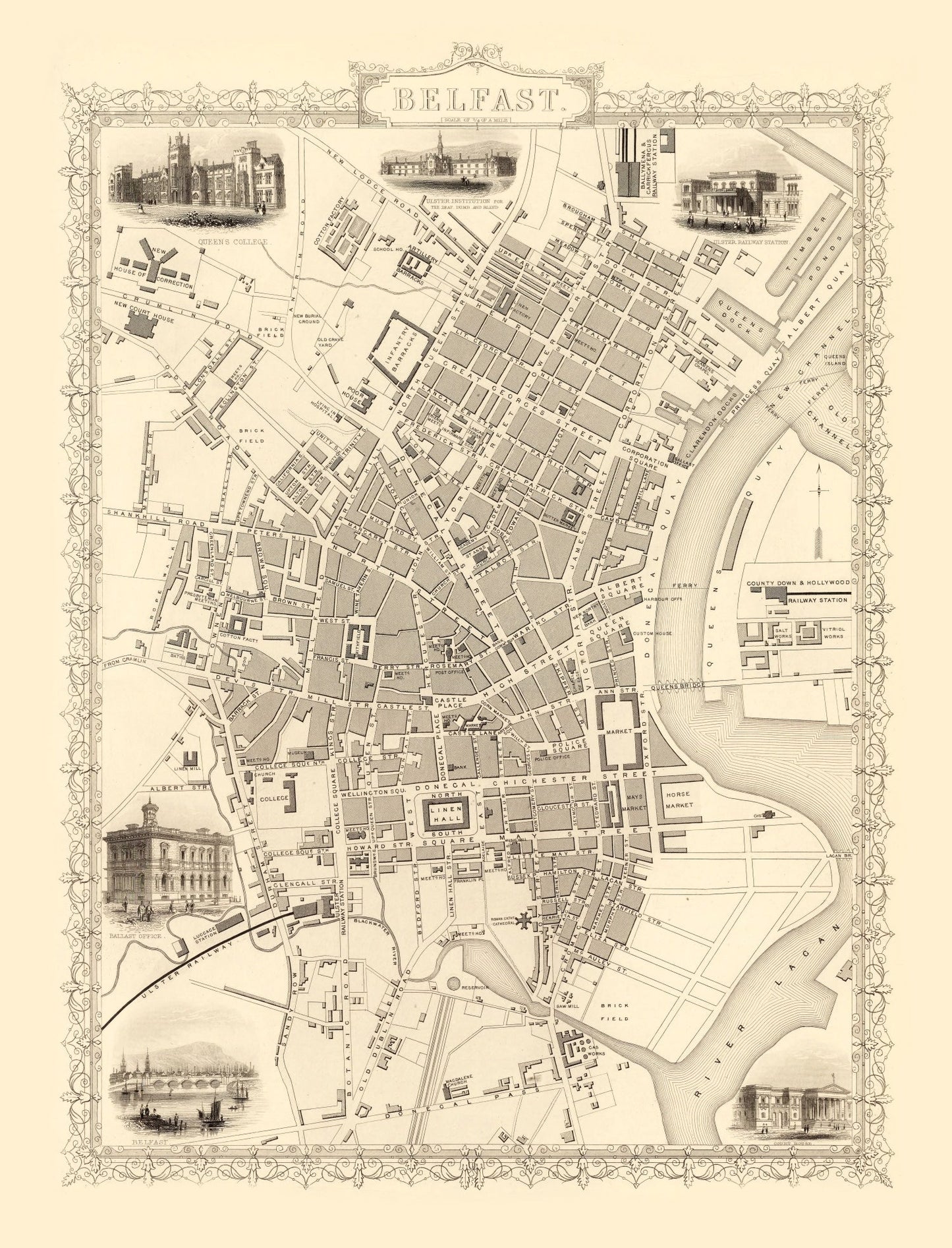 Vintage Map of Belfast, United Kingdom 1851
