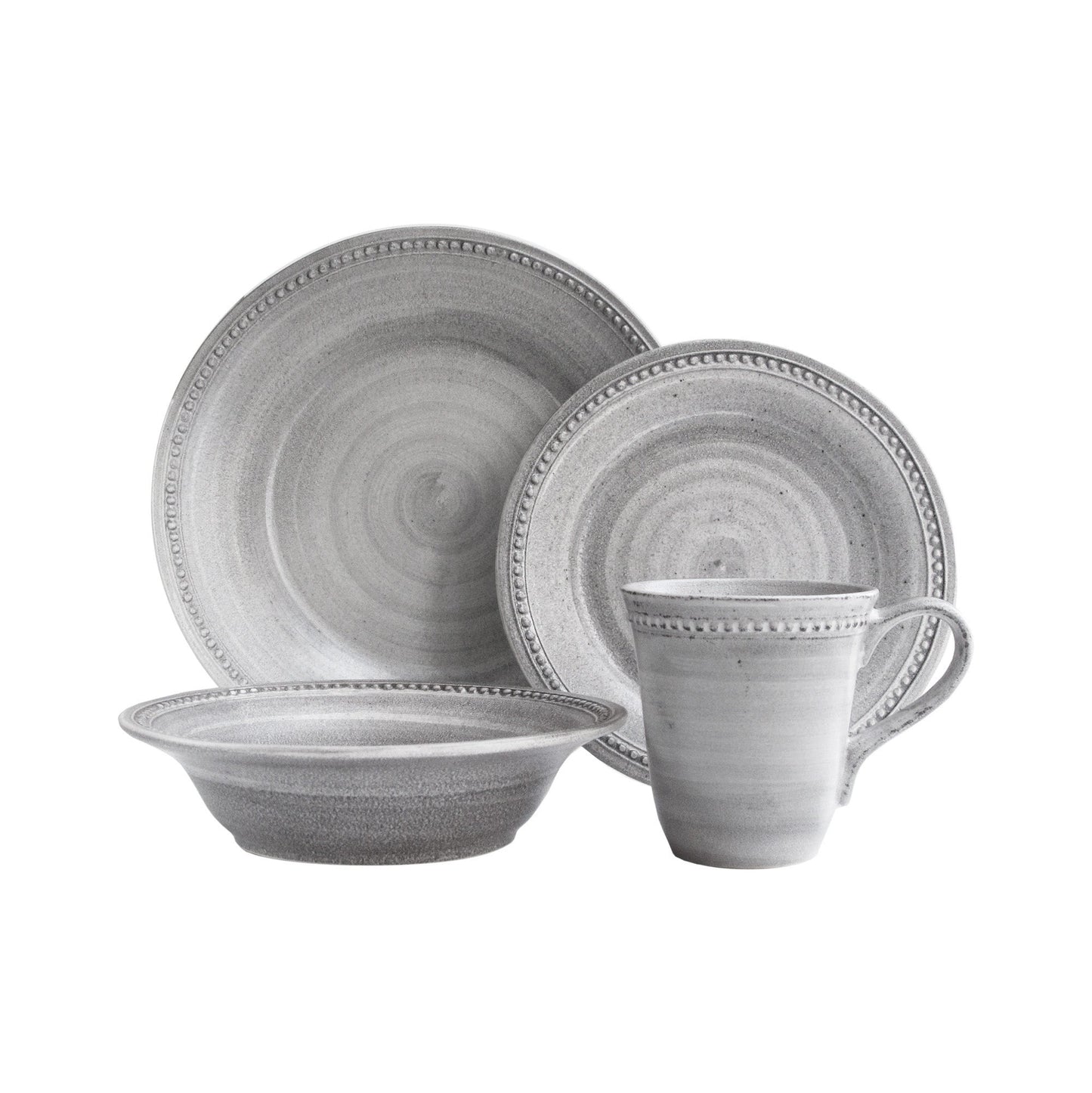 STONE 16 PC DINNER SET 14oz MUG 8.5" SP, 8.25" SOUP BOWL, 10.75" DP