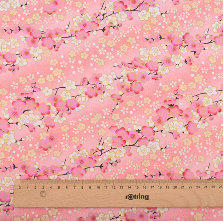 Japanese Floral Cotton Fabric, Handmade Wind-Stamped