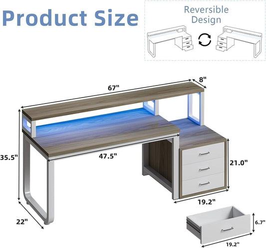 67 nch White Walnut Computer Desk With LED Lighting