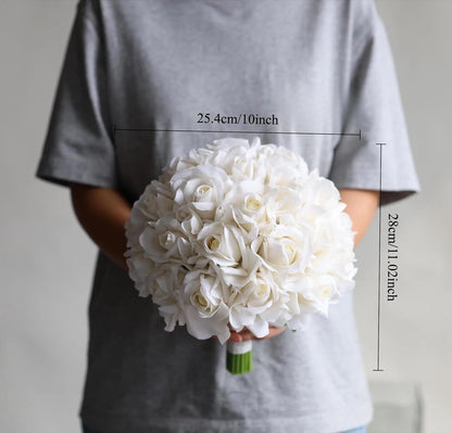 10 Inch Wedding Bouquets for Bride, Morandi Ivory Cream White Real Touch Rose Bridal Bouquet, Artificial Flower Bouquet for Wedding Ceremony, Prom, Bridal Shower