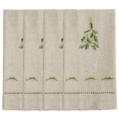 Fennco Styles Embroidered and Hemstitched Design Topiary Linen-Poly Guest Towels 14 x 22 Inch, Set of 4 – Natural Modern Hand Towels for Christmas, Bathroom Decor, Bar Accessories, Wedding Gift